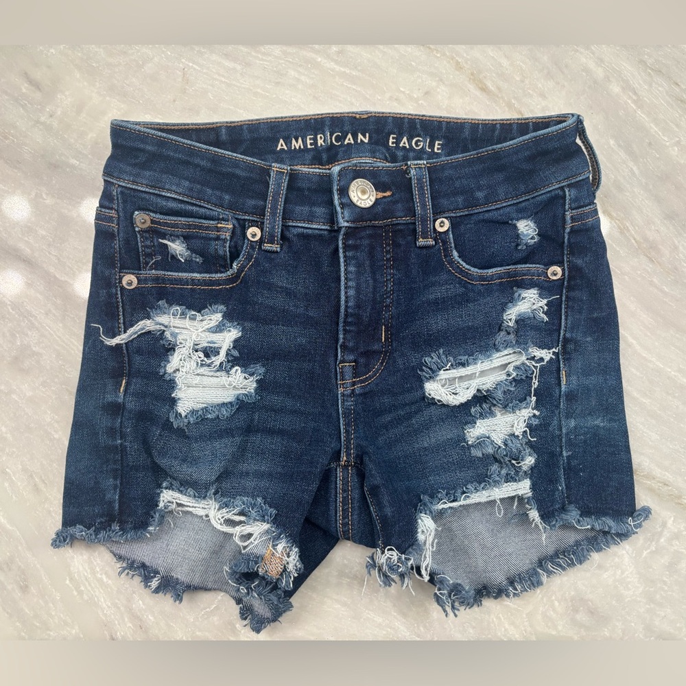 American Eagle Outfitters Ripped Dark Blue Jean Shorts Women